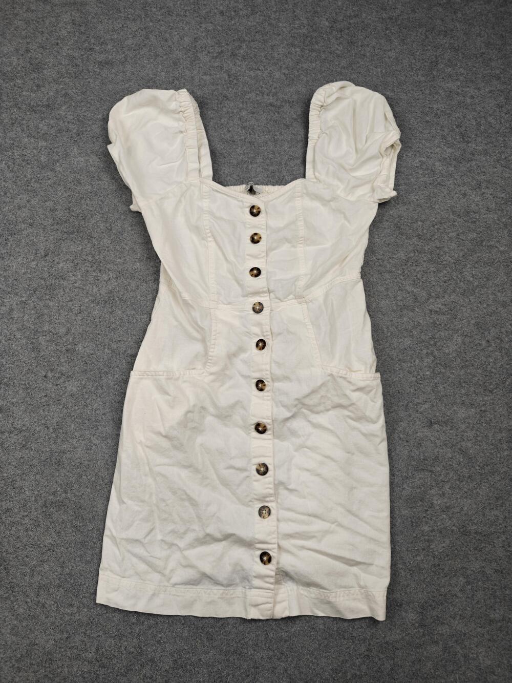 Madewell Dress Womens 2 White Smocked Sundress Puff Sleeve Linen Cotton